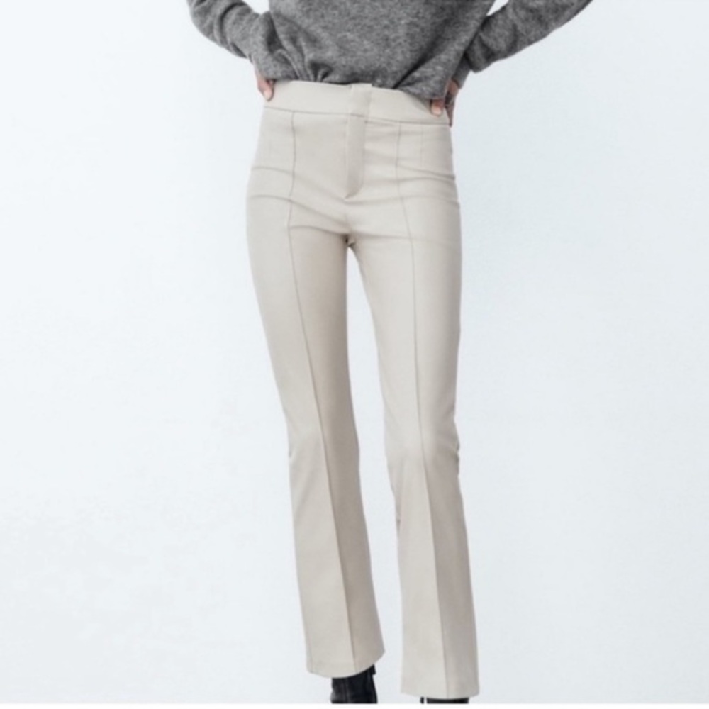 Zara Vegan Leather Cream Cropped Flare Pants Size Large